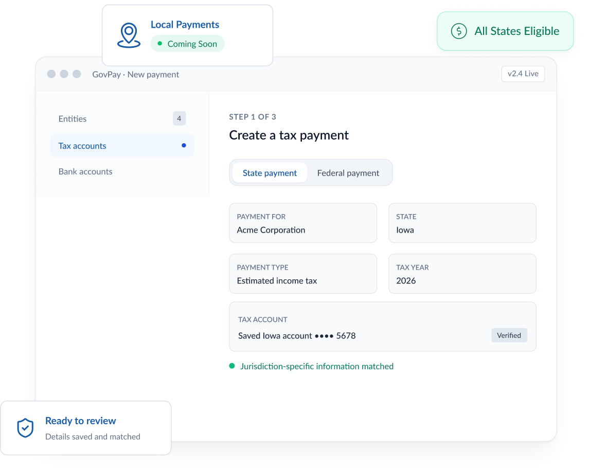 Tax1099 dashboard for managing federal and state tax payments